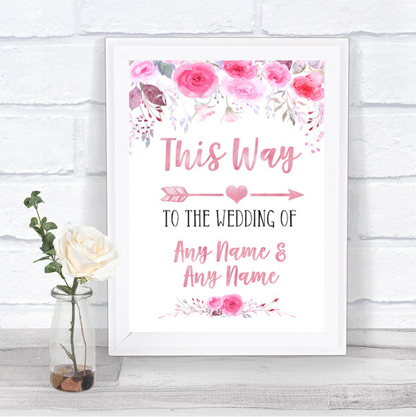 Pink Watercolour Floral This Way Arrow Right Personalized Wedding Sign