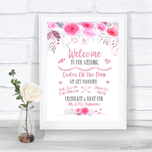 Pink Watercolour Floral Welcome Order Of The Day Personalized Wedding Sign