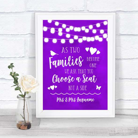 Purple Watercolour Lights As Families Become One Seating Plan Wedding Sign