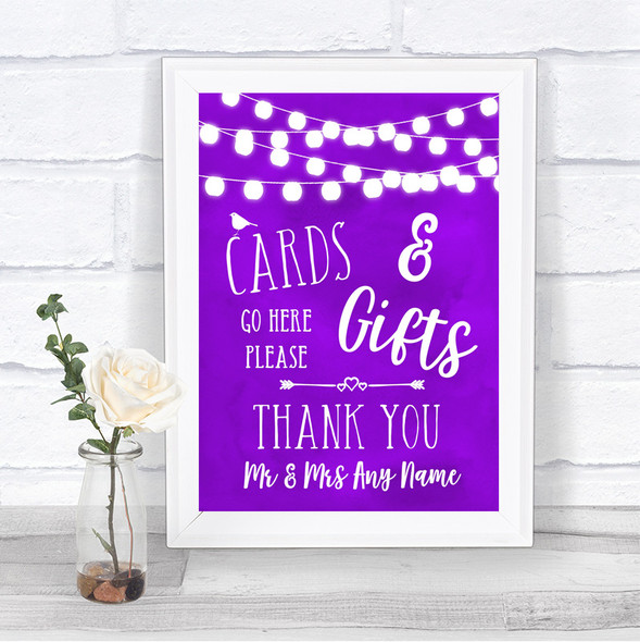 Purple Watercolour Lights Cards & Gifts Table Personalized Wedding Sign