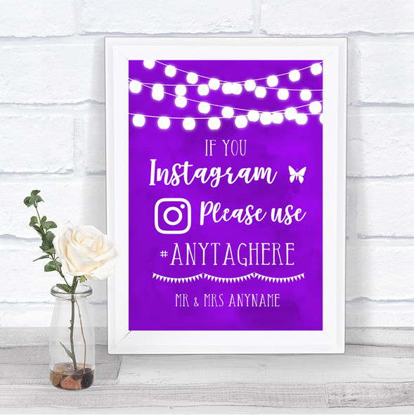 Purple Watercolour Lights Instagram Hashtag Personalized Wedding Sign