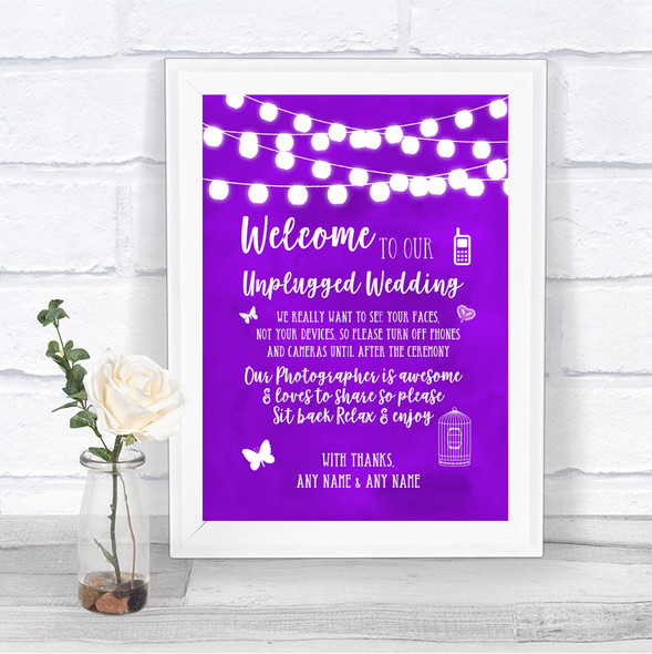 Purple Watercolour Lights No Phone Camera Unplugged Personalized Wedding Sign