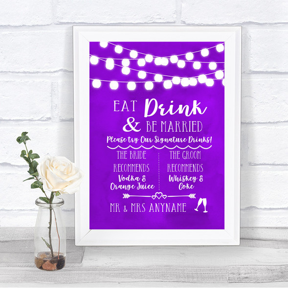 Purple Watercolour Lights Signature Favourite Drinks Personalized Wedding Sign