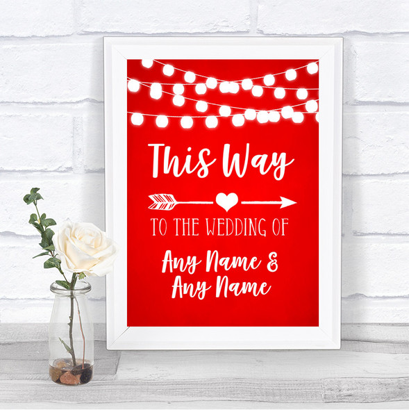 Red Watercolour Lights This Way Arrow Right Personalized Wedding Sign