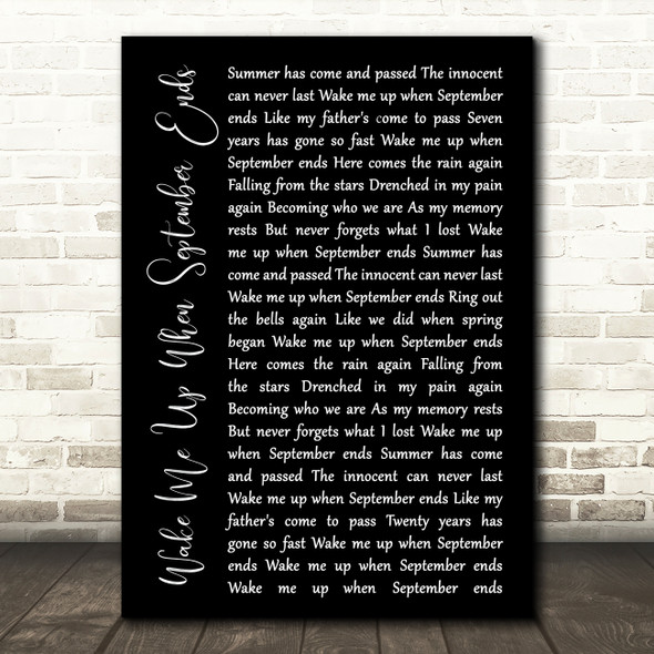 Green Day Wake Me Up When September Ends Black Script Song Lyric Art Print