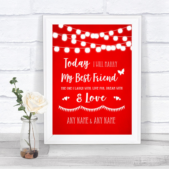 Red Watercolour Lights Today I Marry My Best Friend Personalized Wedding Sign