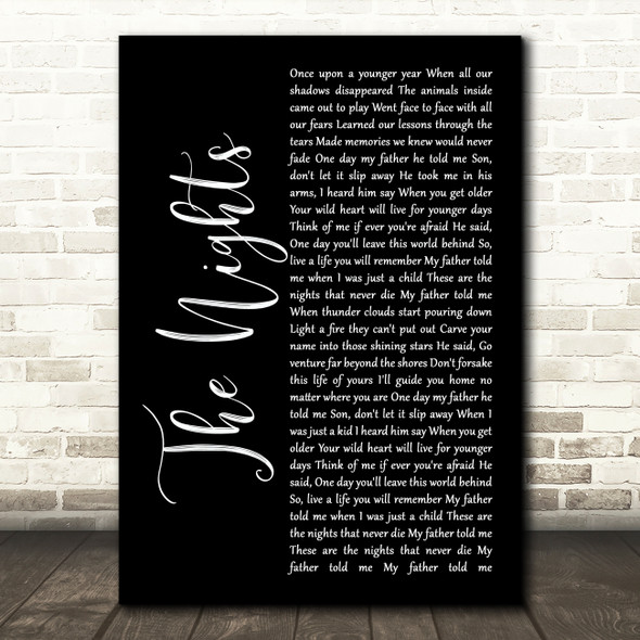 Avicii The Nights Black Script Song Lyric Art Print