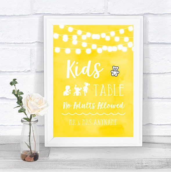 Yellow Watercolour Lights Kids Table Personalized Wedding Sign