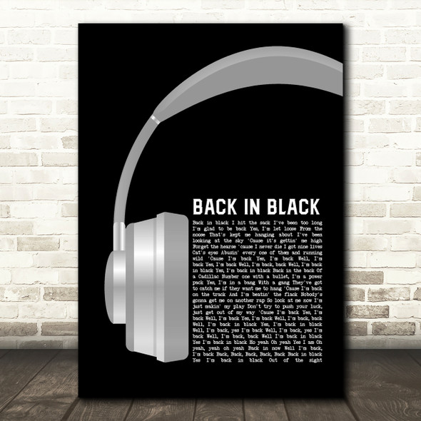 AC DC Back In Black Grey Headphones Song Lyric Art Print