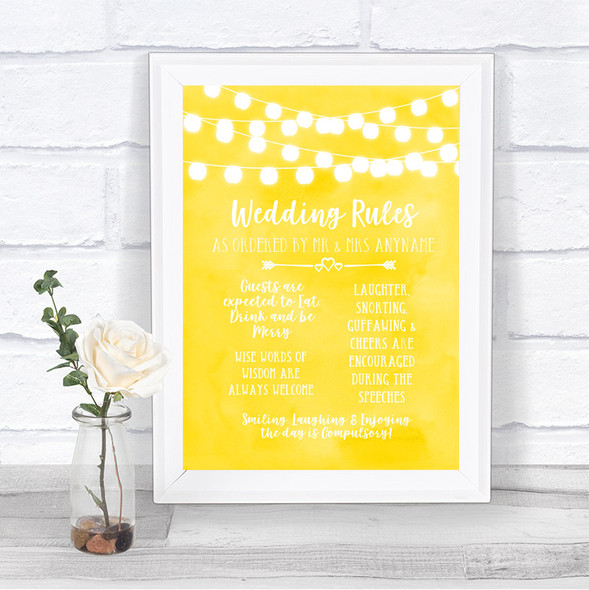 Yellow Watercolour Lights Rules Of The Wedding Personalized Wedding Sign