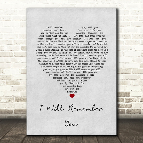 Sarah McLachlan I Will Remember You Grey Heart Song Lyric Art Print