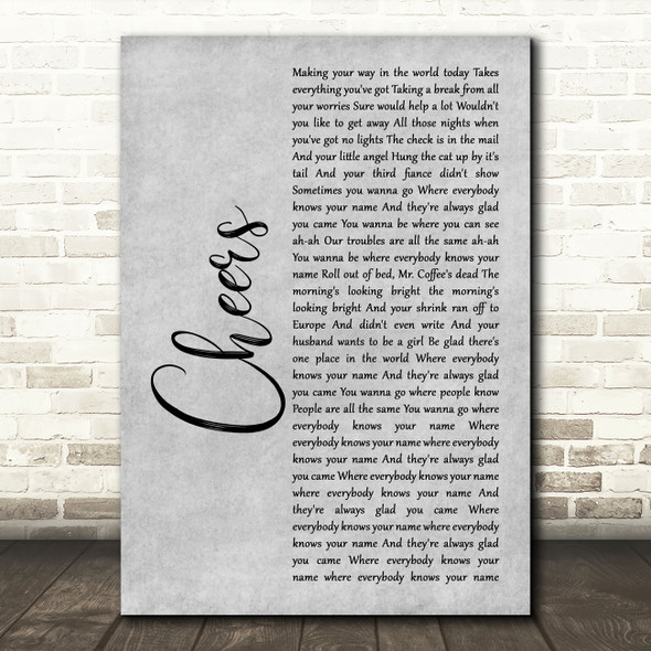 Gary Portnoy, Judy Hart-Angelo Cheers Theme Grey Rustic Script Song Lyric Art Print