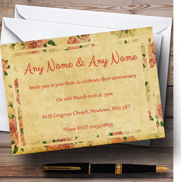 Vintage Pink Roses Postcard Style Personalized Anniversary Party Invitations