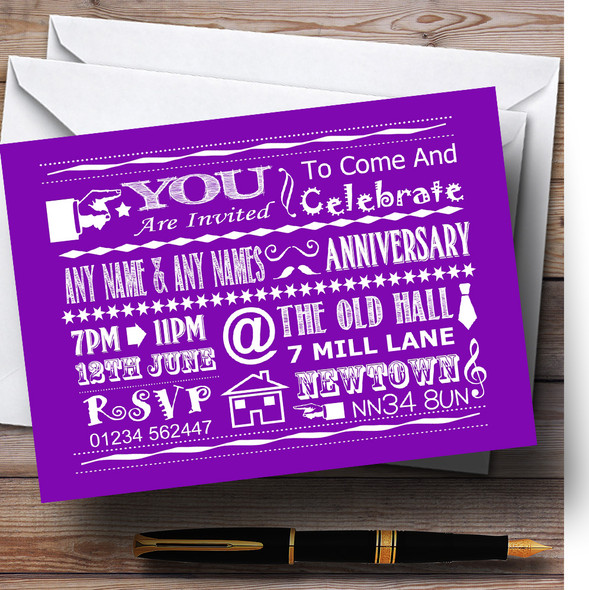 Cool Vintage Fun Chalk Typography Purple Personalized Anniversary Party Invitations