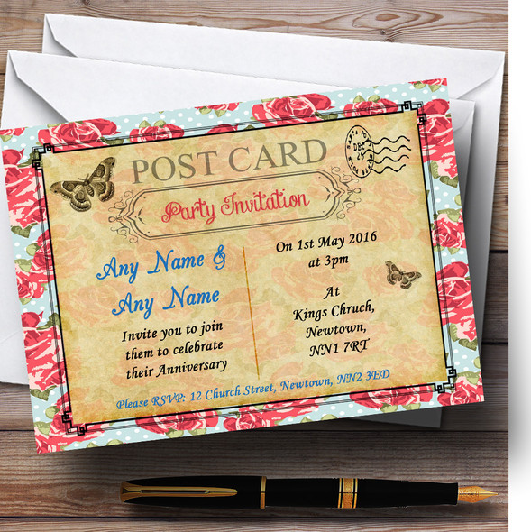 Pink Floral Vintage Paris Shabby Chic Postcard Personalized Anniversary Party Invitations