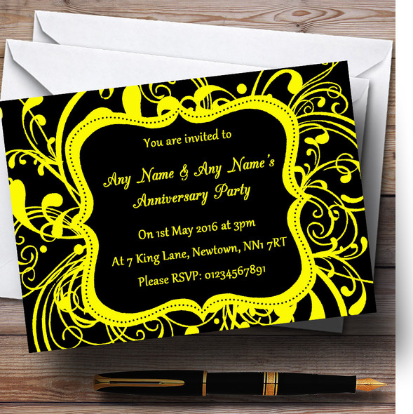 Black & Yellow Swirl Deco Personalized Anniversary Party Invitations