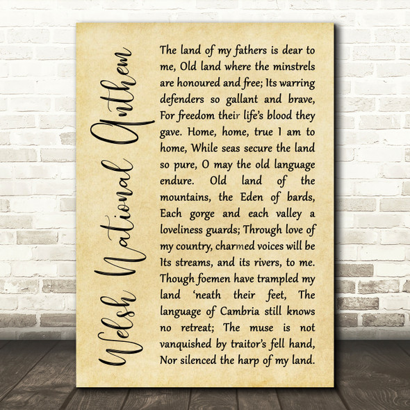 Welsh National Anthem Welsh National Anthem Rustic Script Song Lyric Art Print