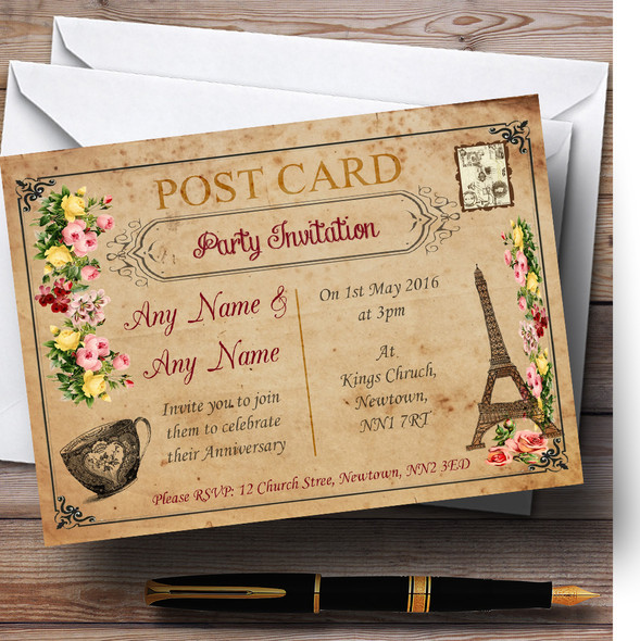 Vintage Paris Shabby Chic Postcard Personalized Anniversary Party Invitations