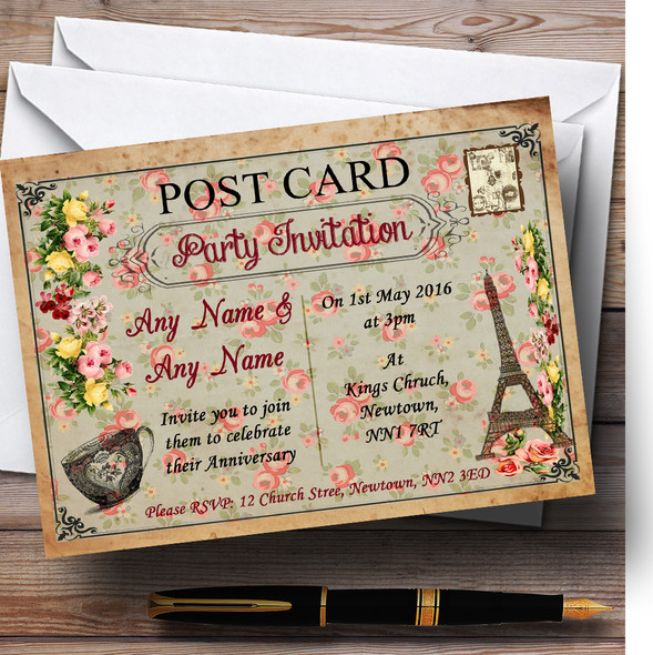 Vintage Paris Shabby Chic Postcard Floral Personalized Anniversary Party Invitations