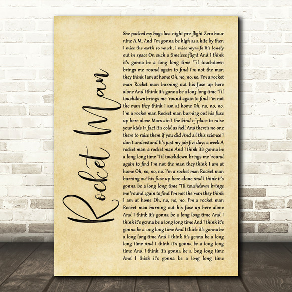 Elton John Rocket Man Rustic Script Song Lyric Art Print