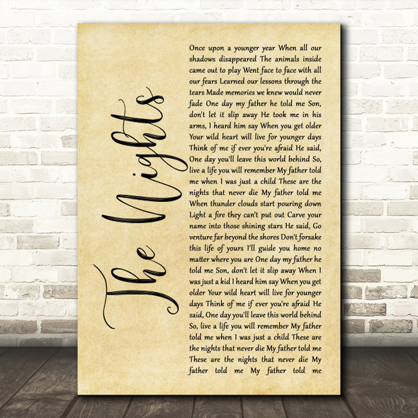 Avicii The Nights Rustic Script Song Lyric Art Print