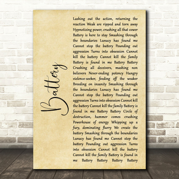 Metallica Battery Rustic Script Song Lyric Art Print