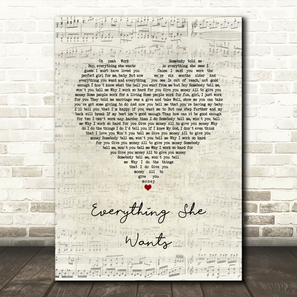 Wham! Everything She Wants Script Heart Song Lyric Art Print