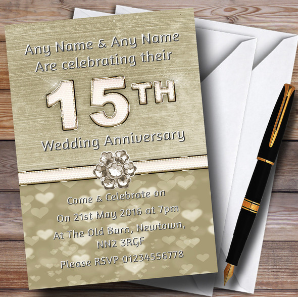 Titanium Gold And White 15Th Personalized Anniversary Party Invitations