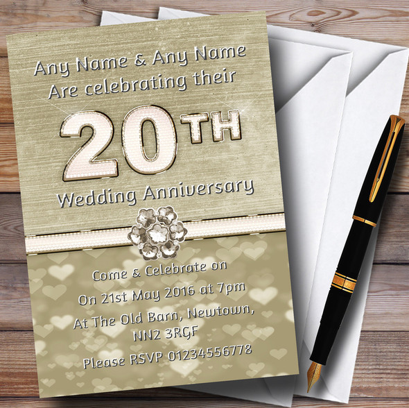 Titanium Gold And White 20Th Personalized Anniversary Party Invitations