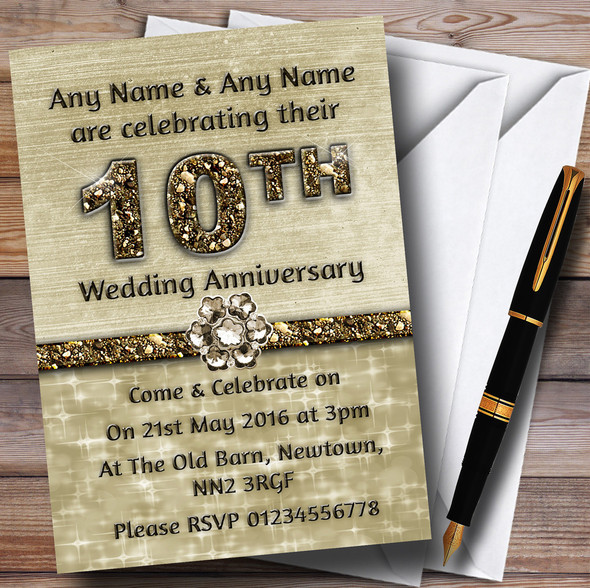 Titanium Gold Sparkly 10Th Personalized Anniversary Party Invitations
