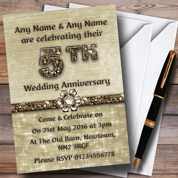 Titanium Gold Sparkly 5Th Personalized Anniversary Party Invitations