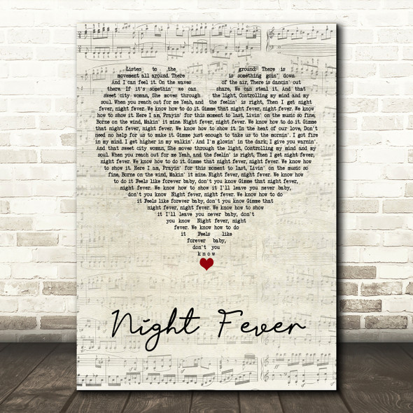 Bee Gees Night Fever Script Heart Song Lyric Art Print