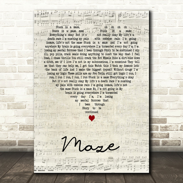 Juice WRLD Maze Script Heart Song Lyric Art Print