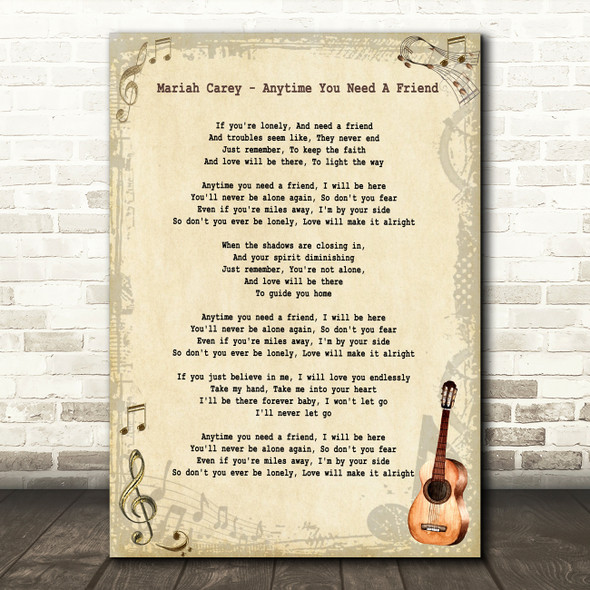 Mariah Carey Anytime You Need A Friend Vintage Guitar Song Lyric Art Print