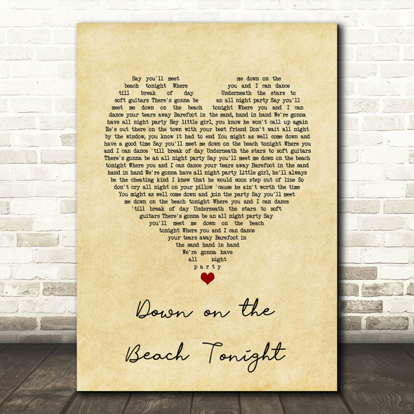 The Drifters Down on the Beach Tonight Vintage Heart Song Lyric Art Print