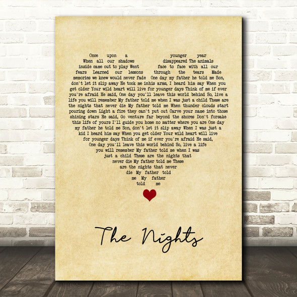 Avicii The Nights Vintage Heart Song Lyric Art Print