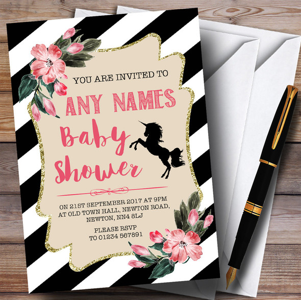 Black & White Floral Unicorn Invitations Baby Shower Invitations