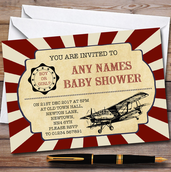 Red Vintage Air Force Aeroplane Invitations Baby Shower Invitations
