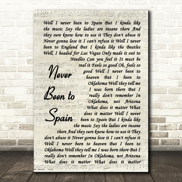 Three Dog Night Never Been to Spain Vintage Script Song Lyric Art Print