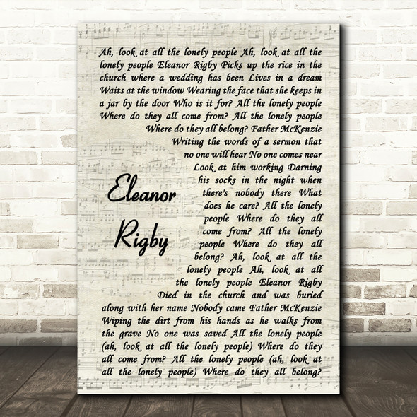 The Beatles Eleanor Rigby Vintage Script Song Lyric Art Print