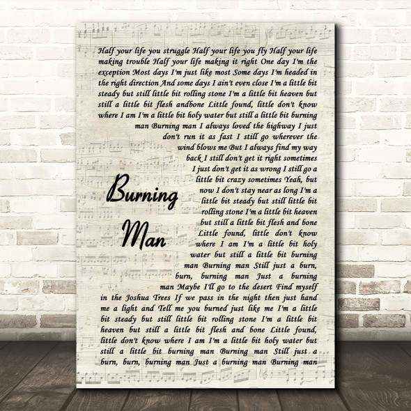 Dierks Bentley Burning Man Vintage Script Song Lyric Art Print