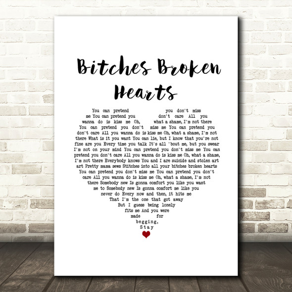 Billie Eilish Bitches Broken Hearts White Heart Song Lyric Art Print