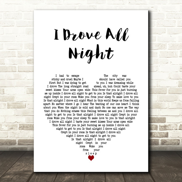 Celine Dion I Drove All Night White Heart Song Lyric Art Print