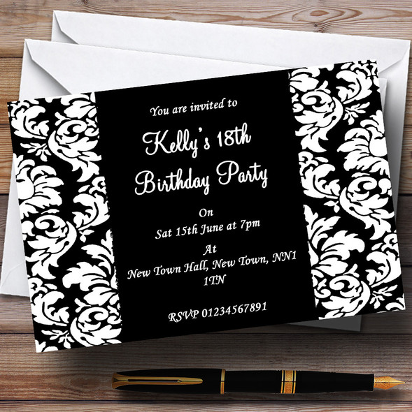Floral Black White Damask Personalized Party Invitations