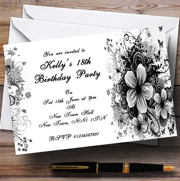 Black White Flowers Butterfly Personalized Party Invitations