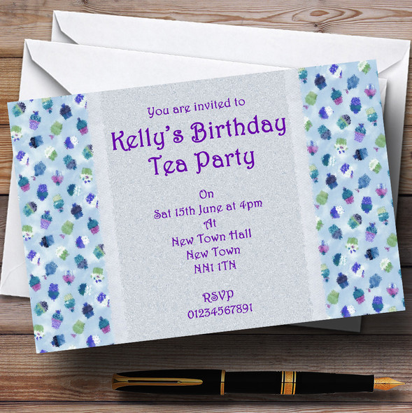 Blue Purple Cupcake Vintage Tea Personalized Party Invitations