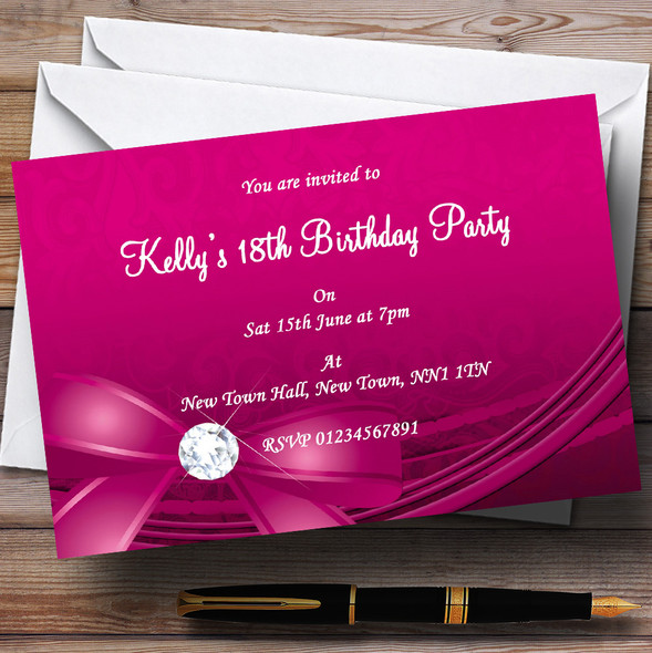 Pink Bow And Diamond Personalized Party Invitations