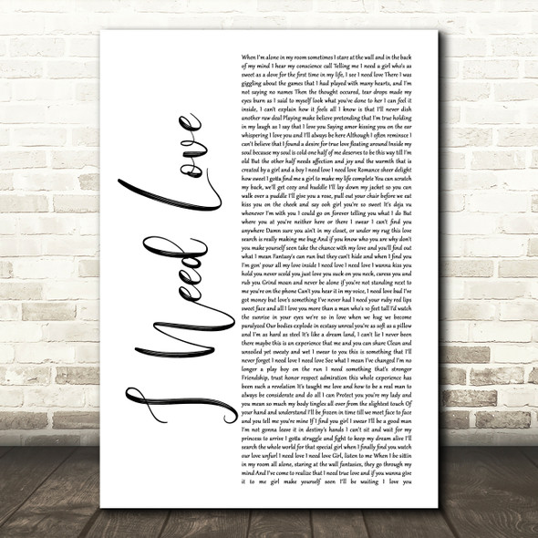 LL Cool J I Need Love White Script Song Lyric Art Print