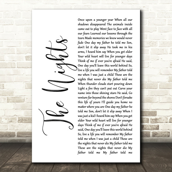 Avicii The Nights White Script Song Lyric Art Print