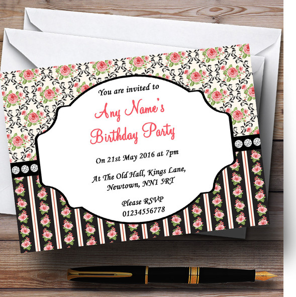 Black And Pink Shabby Chic Rose Tea Stripes Personalized Birthday Party Invitations